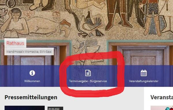 direkter Zugang für die Terminvergabe-Bürgerservice auf der Startseite der Homepage www.eisenhuettenstadt.de